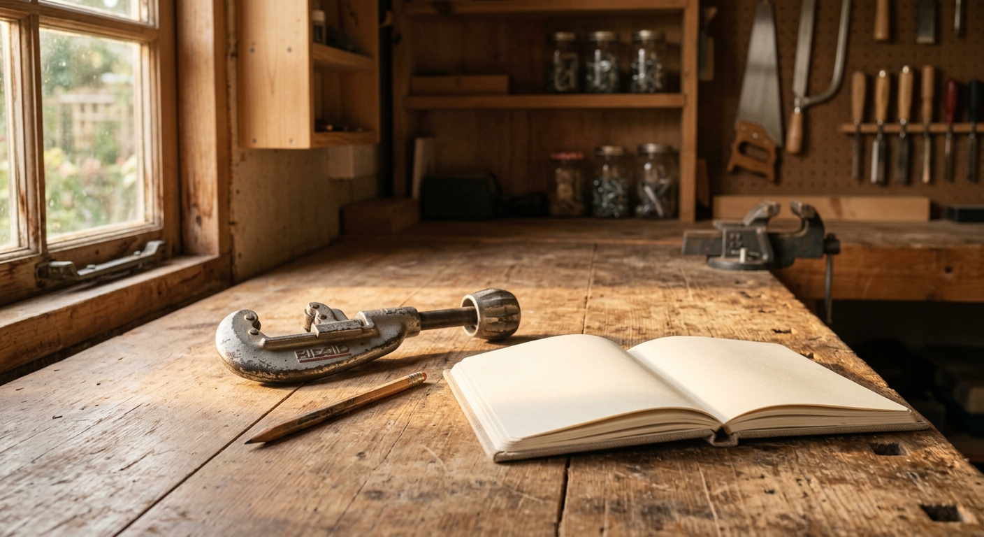 A timber workshop bench bathed in warm morning light, with a pipe cutter, pencil and notebook arranged neatly.