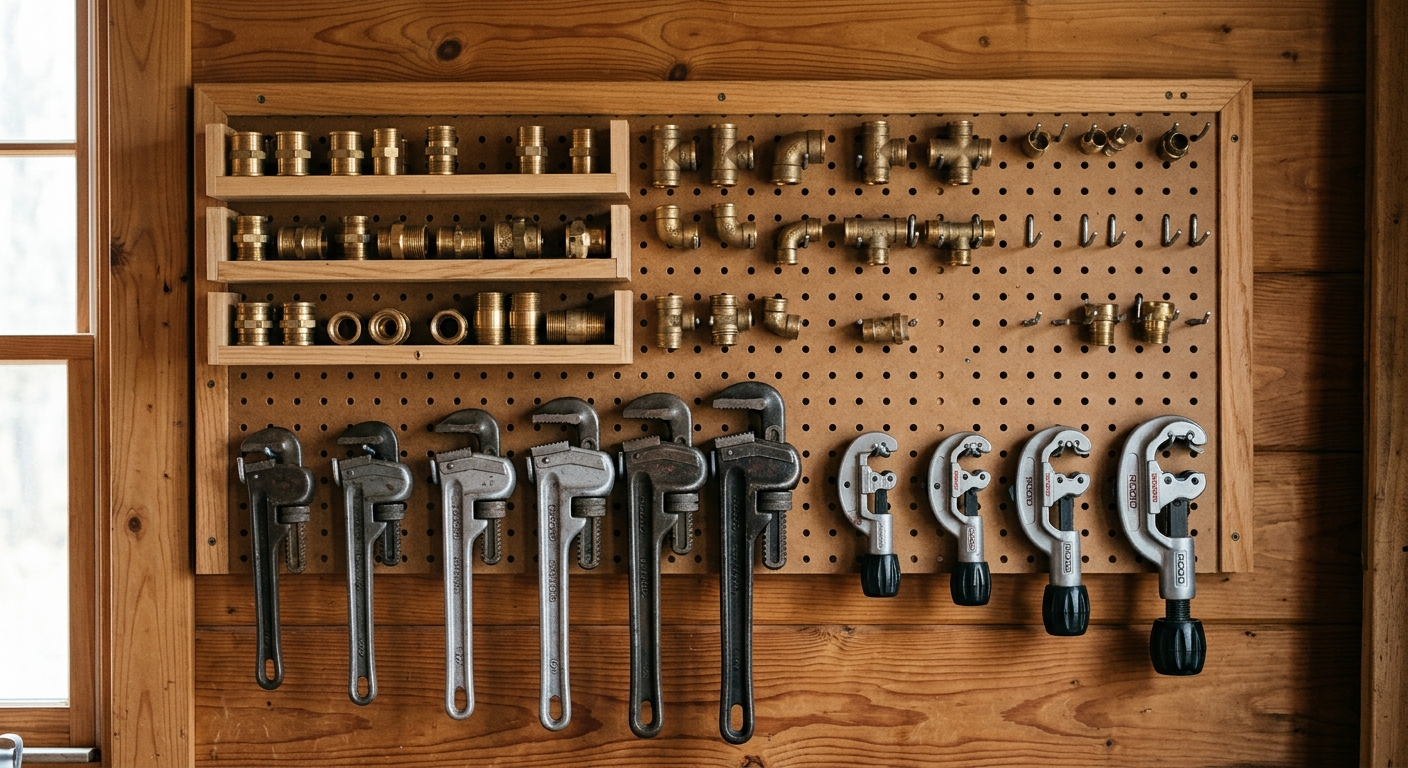 A neatly arranged workshop tool board with brass plumbing fittings and pipe wrenches.