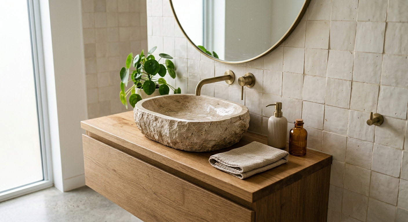 A modern bathroom vanity with a stone basin and a brushed brass mixer tap, soft daylight from a side window.