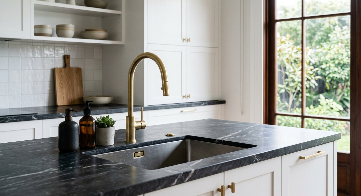 A modern Auckland kitchen with a brushed brass tap arching over a deep stainless steel sink set into a dark stone benchtop.