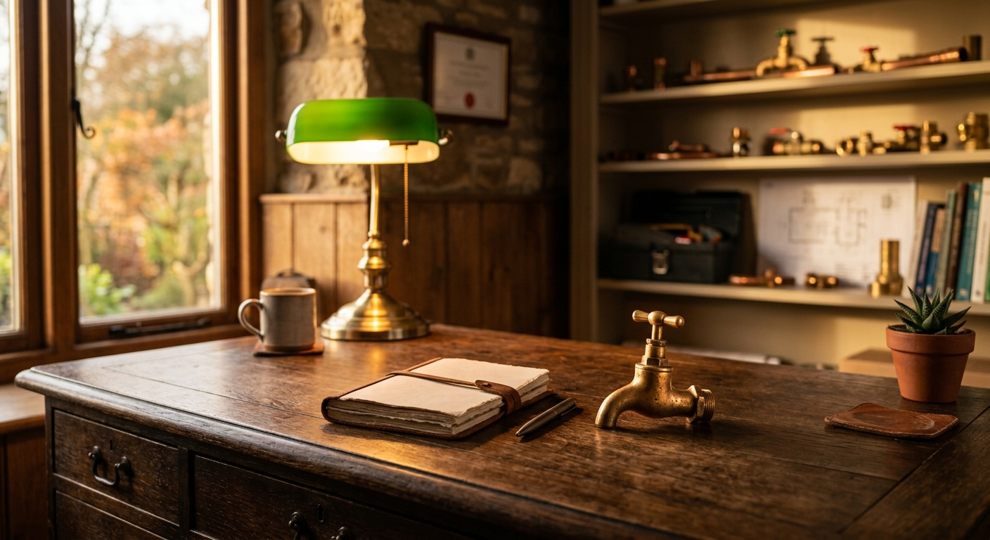 The interior of a small home office at golden hour, with a brass tap fitting beside a notebook on a dark timber desk.