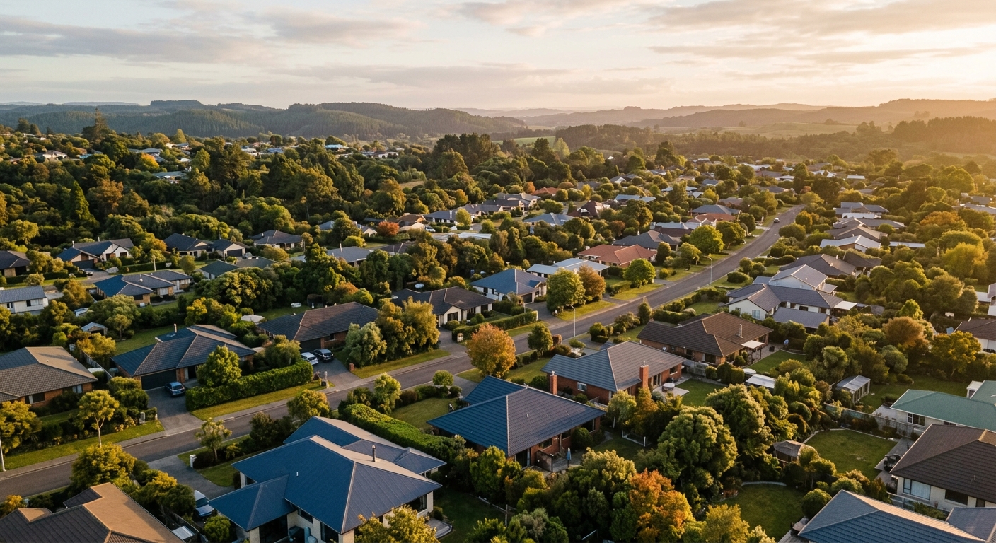An aerial view of a quiet New Zealand suburban neighbourhood at golden hour.