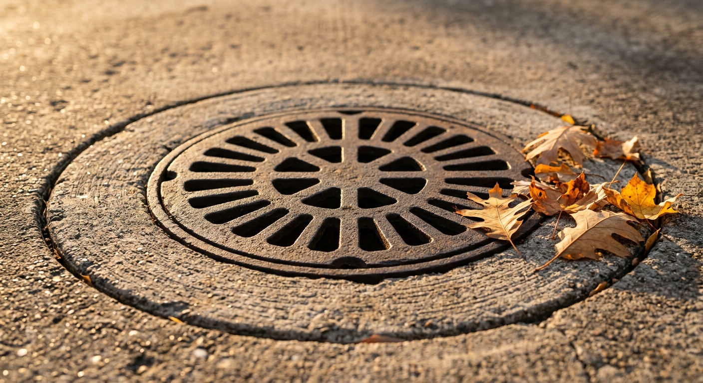 A clean cast iron drain grate set into a concrete patio, golden hour light.