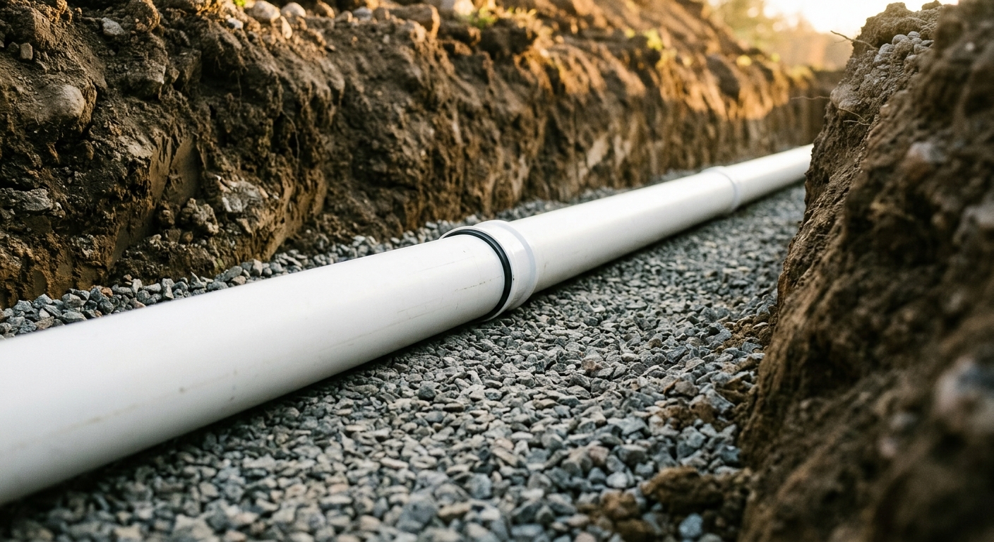 A new white PVC drainage pipe laid in a fresh gravel trench between earth walls, golden afternoon light.