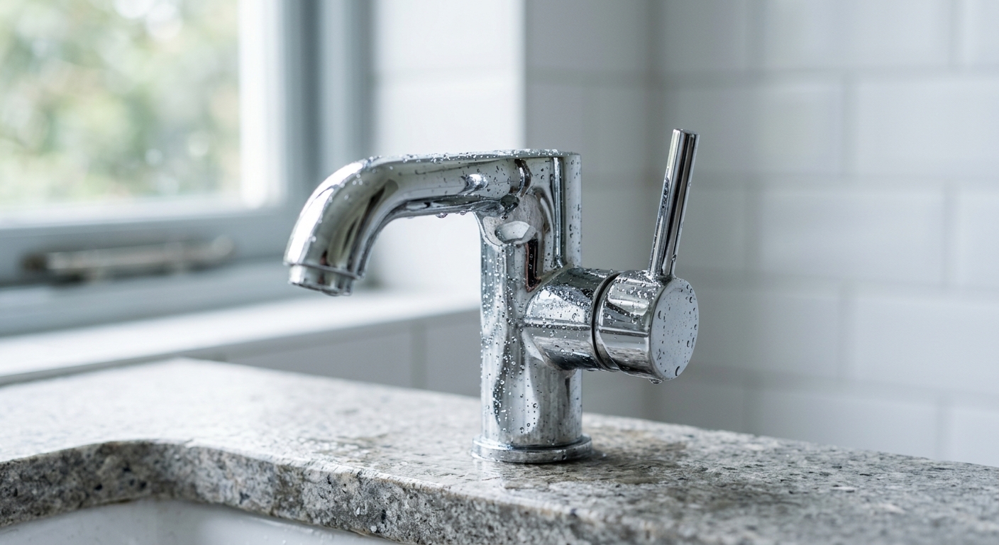 A chrome basin mixer tap on a stone vanity, water droplets catching the light.
