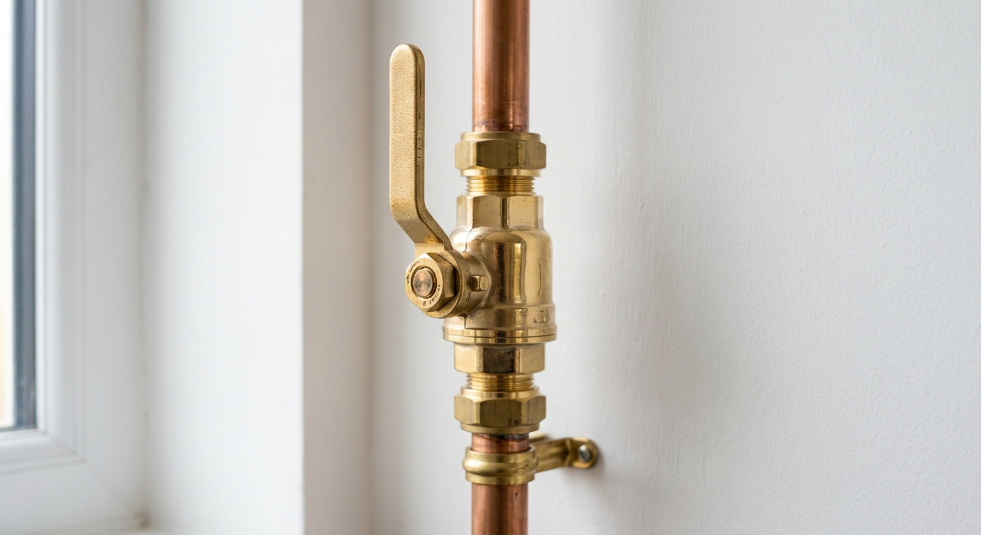 Polished brass shut-off valve on a copper supply pipe — the kind of fitting installed during reactive repair work.