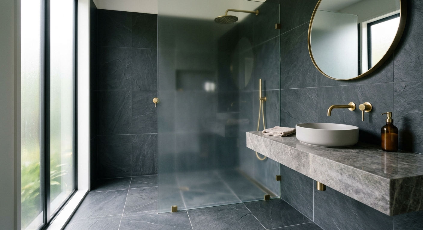 A modern Auckland bathroom interior with brass tapware over a stone vanity and a frameless walk-in shower.