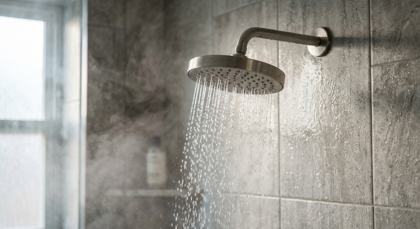 A modern stainless steel showerhead with water cascading down in a tiled bathroom, steam in the morning light.