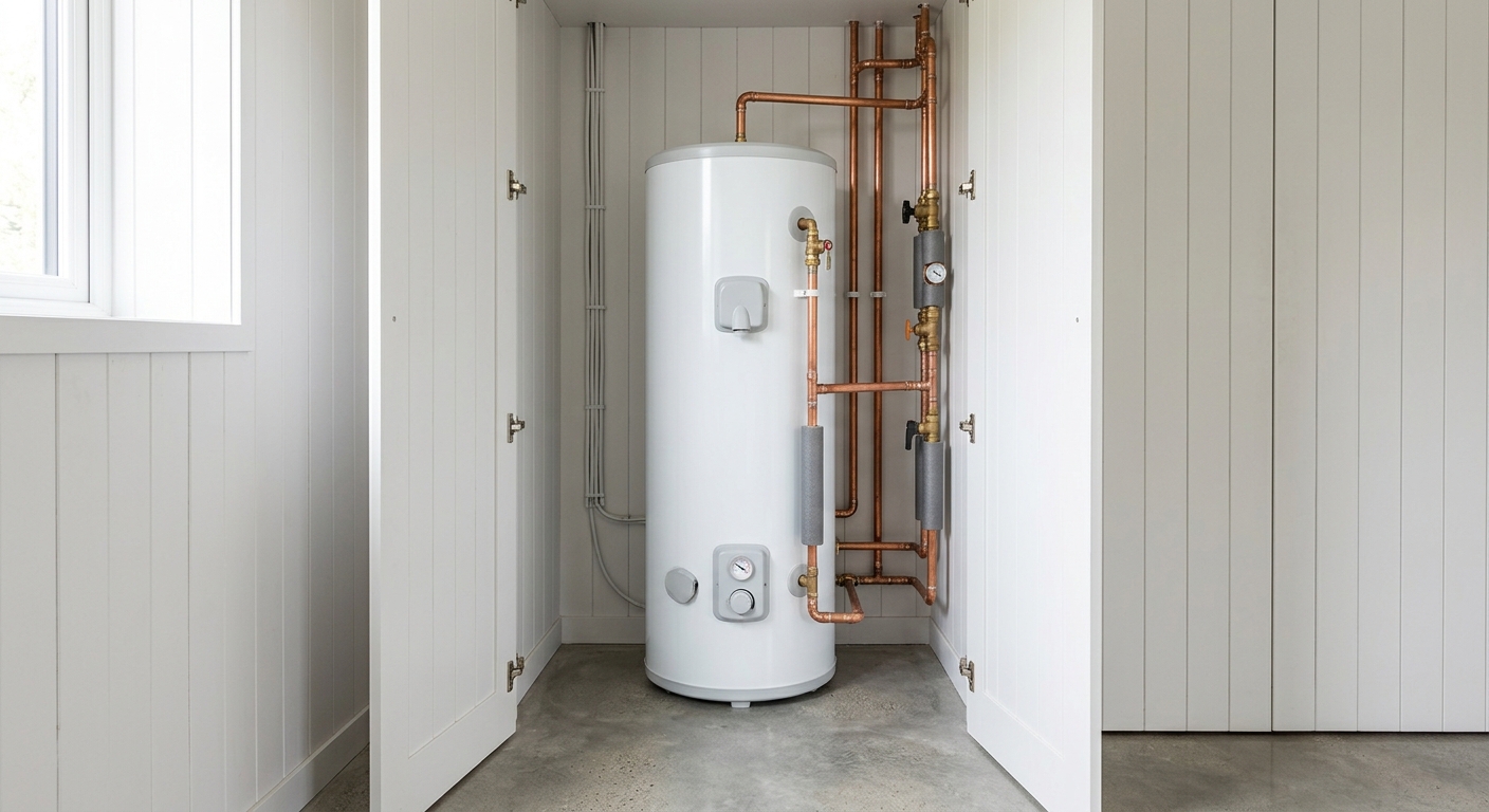 A modern white hot water cylinder neatly installed in a clean utility cupboard with copper supply pipes.
