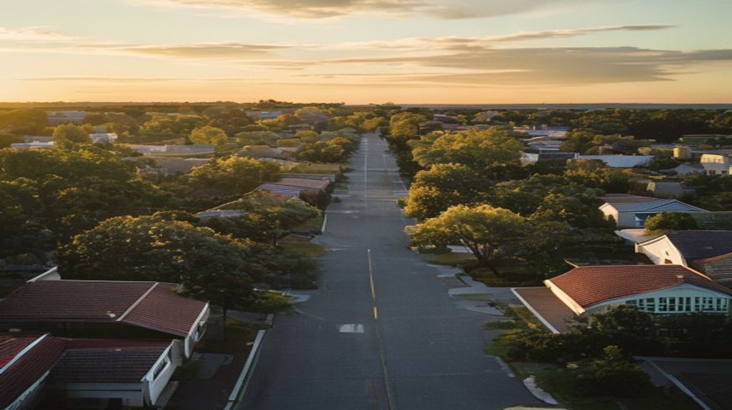 An aerial view of an East Auckland suburban neighbourhood at golden hour, rooflines and mature trees stretching toward the harbour.