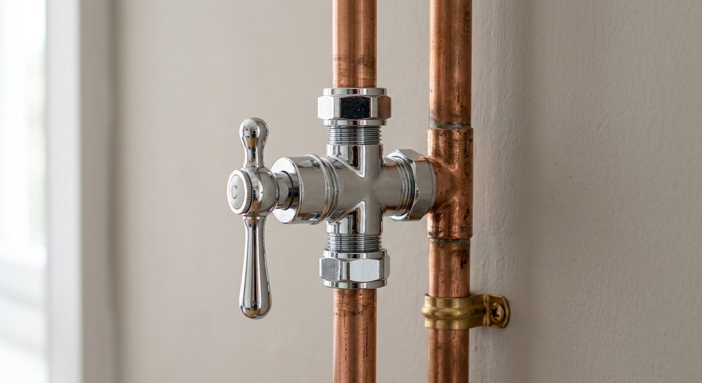Polished chrome shut-off valve on copper supply pipe.